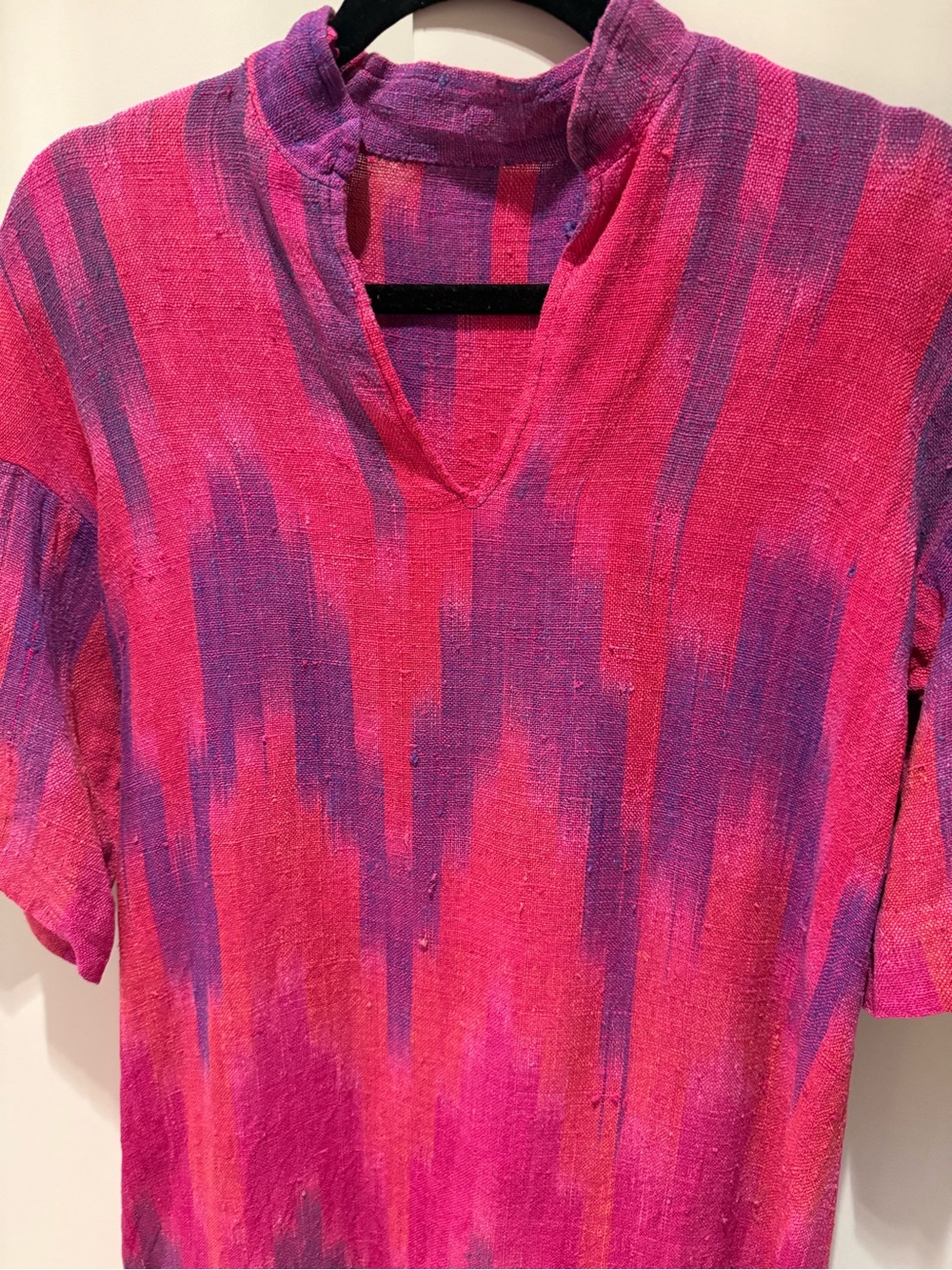 Vintage High neck Bright Pink & Purple Ikat handmade woven Maxi Dress M - Picture 2 of 4
